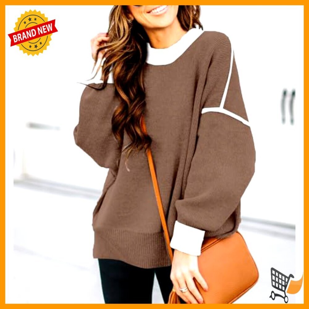 Oversized Batwing Sleeve Pullover Sweater Chunky Knit Colorblock Striped Tunic - Picture 4 of 7
